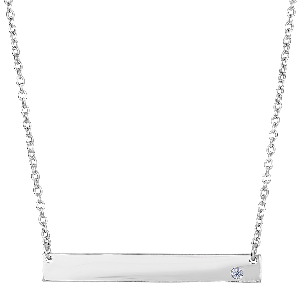 Sterling Silver Sideways Engravable Bar Pendant CZ Necklace, 18" fine designer jewelry for men and women