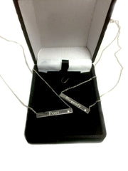 Sterling Silver Sideways Engravable Bar Pendant CZ Necklace, 18" fine designer jewelry for men and women