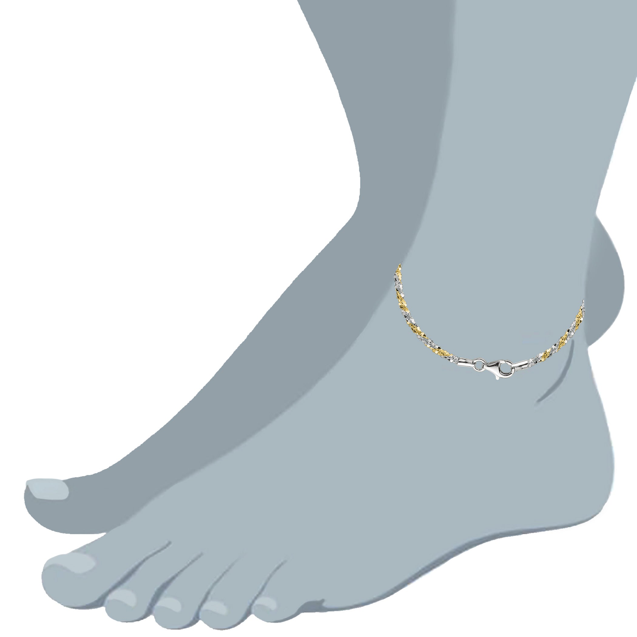 White And Yellow Sparkle Style Chain Anklet In Sterling Silver