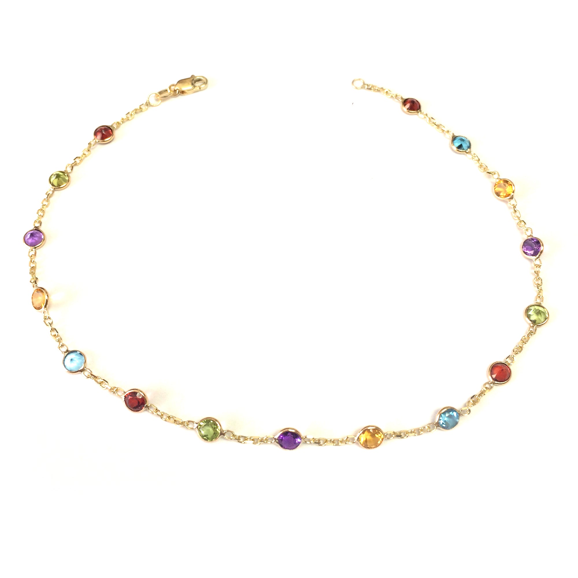14k Yellow Gold Cable Chain Link Anklet And Alternate Round Faceted 5 Color Stones, 10" fine designer jewelry for men and women