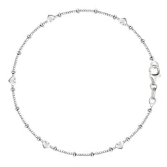 Box Chain With Heart Beads Anklet In Sterling Silver