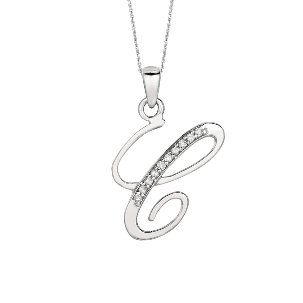 "C" Sterling Silver Rhodium Plated Script Initial Letter With Diamonds On 18 Inch Chain ( 0.05 Tcw) - JewelryAffairs
