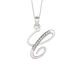 "C" Sterling Silver Rhodium Plated Script Initial Letter With Diamonds On 18 Inch Chain ( 0.05 Tcw) - JewelryAffairs