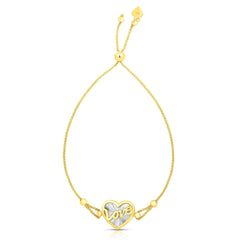 14k Yellow And White Gold Heart Love Charm Adjustable Bracelet, 9.25"