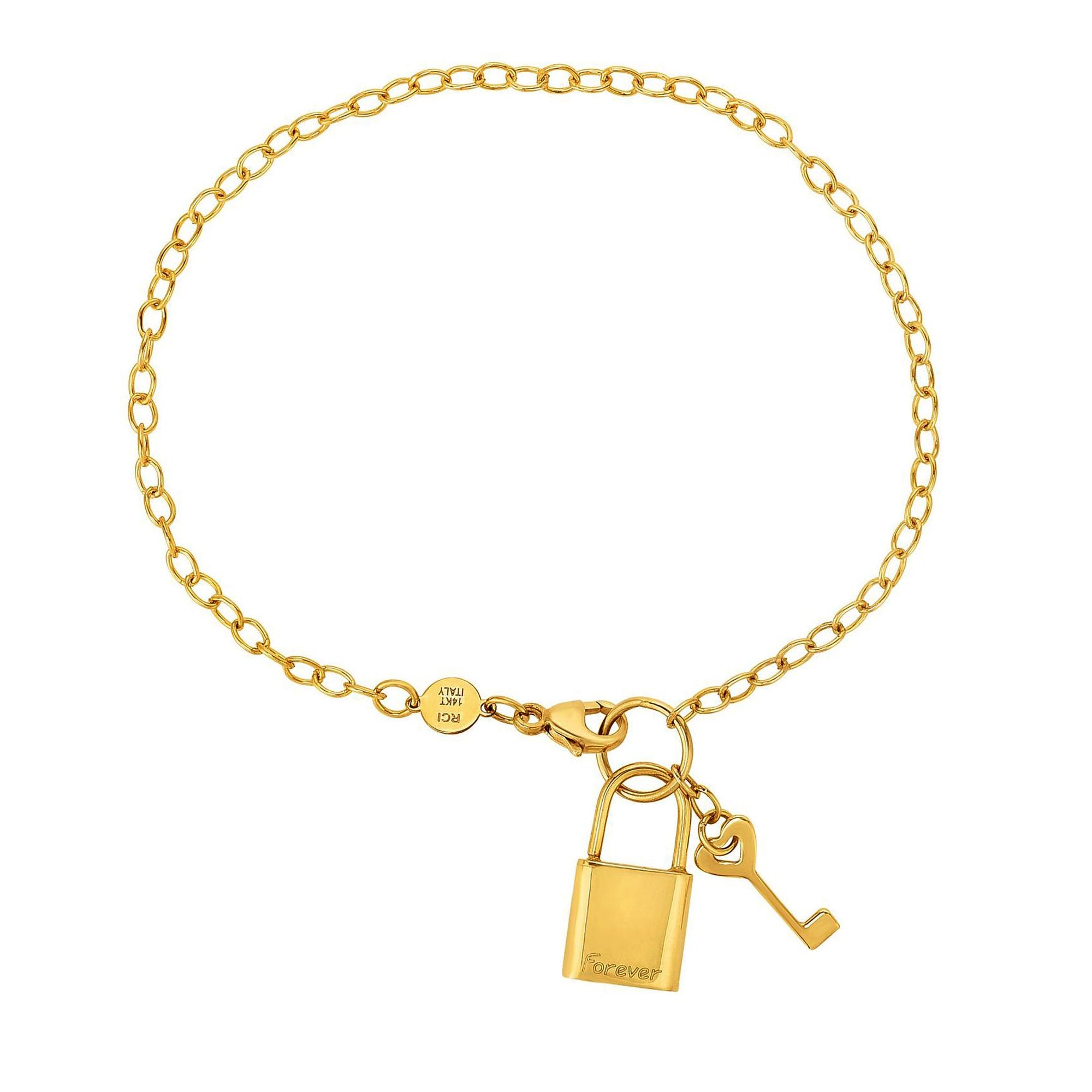 14k Yellow Gold Chain Lock And Key Bracelet, 7.5" fine designer jewelry for men and women