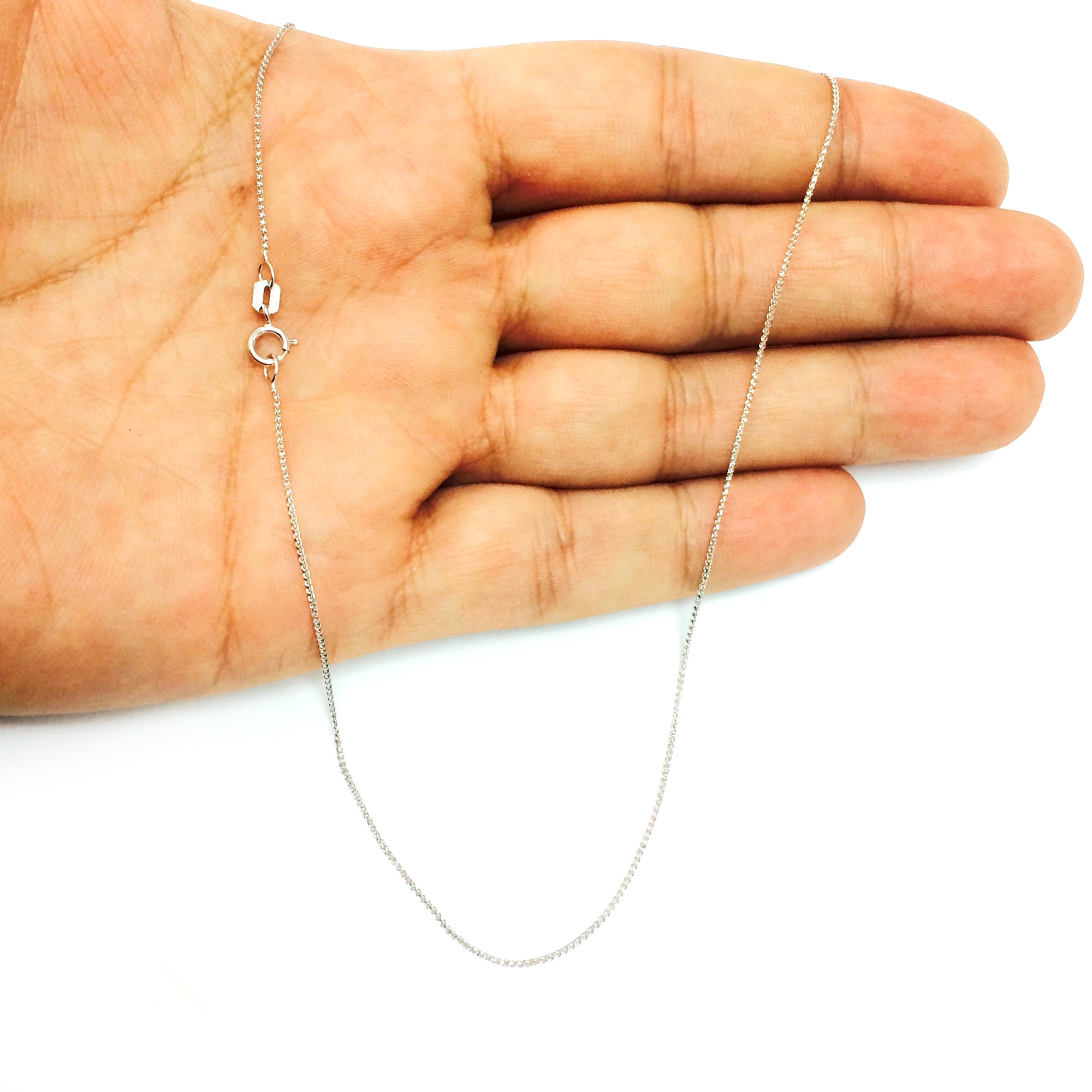 14k White Gold Round Diamond Cut Wheat Chain Necklace, 0.6mm fine designer jewelry for men and women