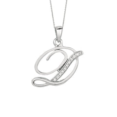 "D" Sterling Silver Rhodium Plated Script Initial Letter With Diamonds On 18 Inch Chain ( 0.05 Tcw) - JewelryAffairs