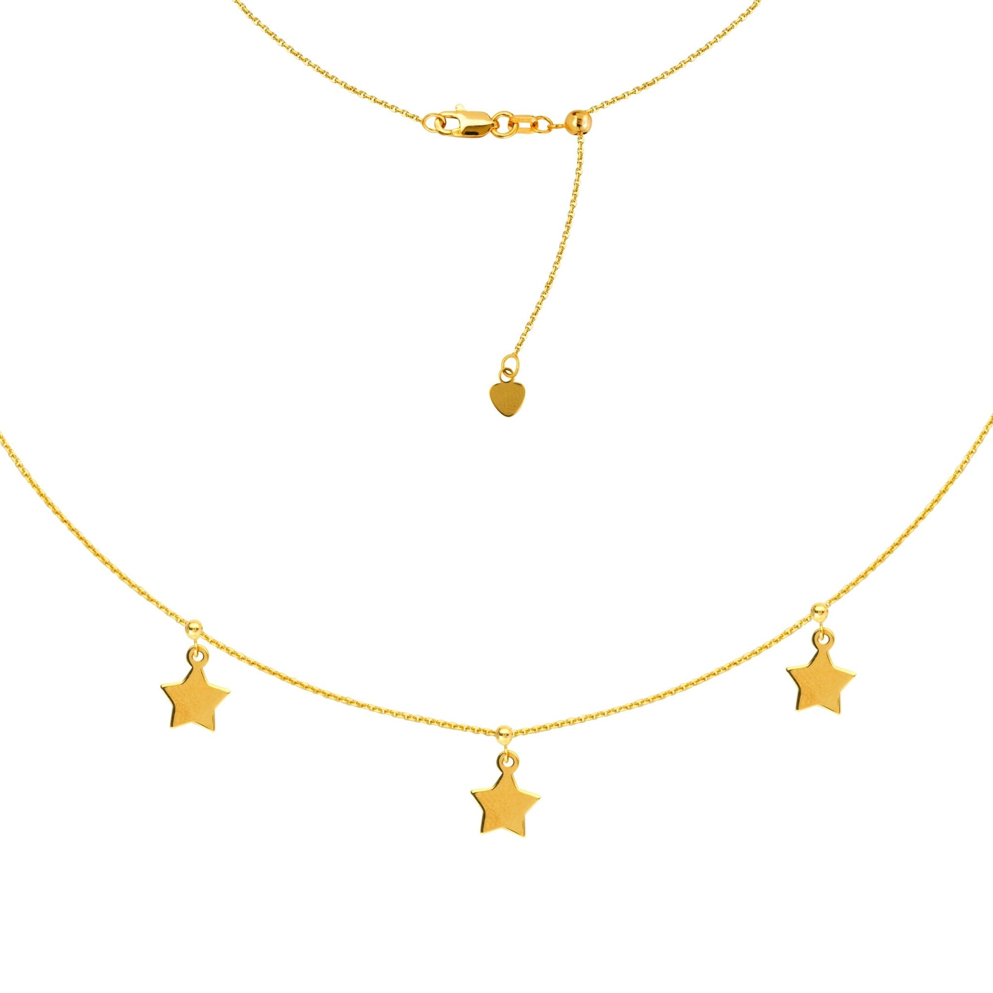 Dangle Triple Star Ad Choker 14k Yellow Gold Necklace, 16" Adjustable - JewelryAffairs