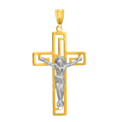 14k 2 Tone Gold Greek Key Style Crucifix Pendant fine designer jewelry for men and women