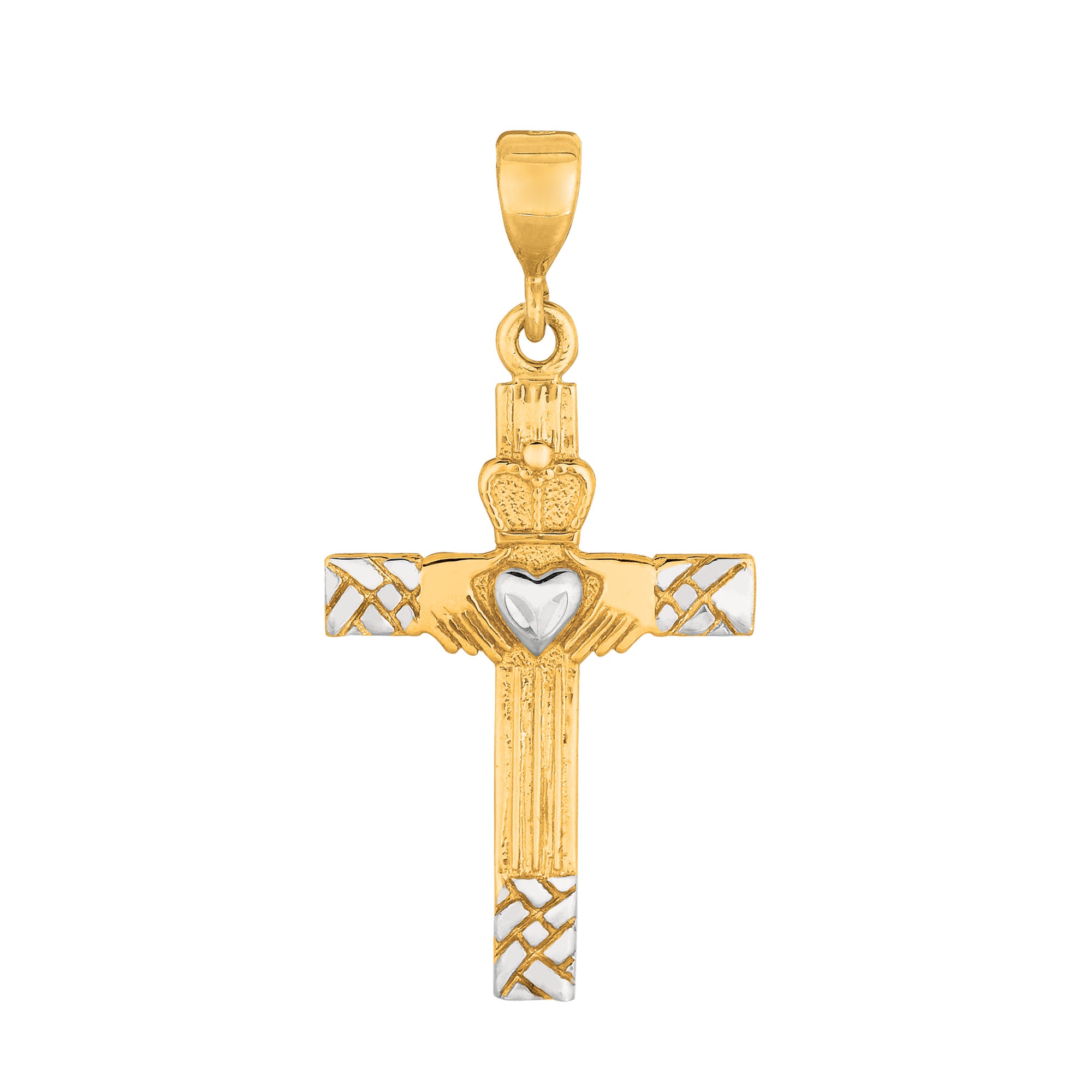 14k 2 Tone Gold Claddagh Style Cross Pendant fine designer jewelry for men and women