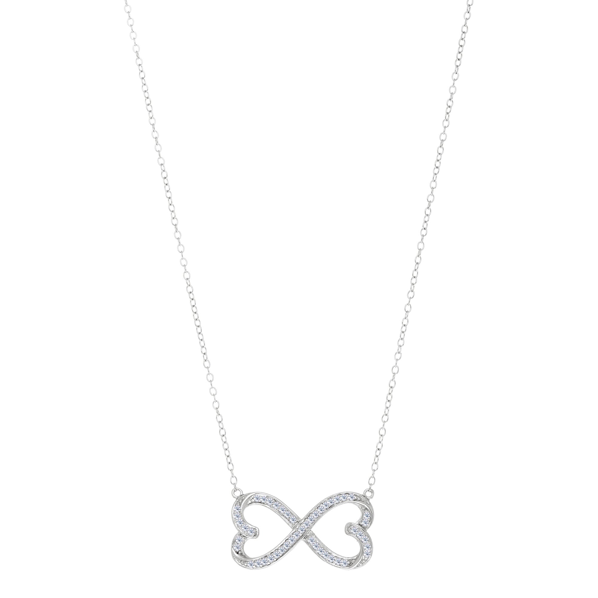 Double Heart Infinity Sign And CZ Necklace In Sterling Silver, 18" - JewelryAffairs