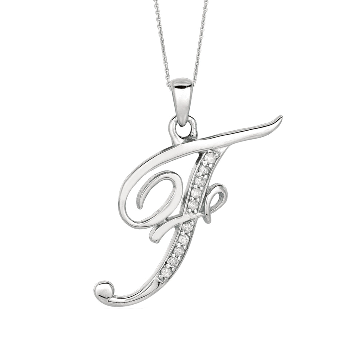 "F" Sterling Silver Rhodium Plated Script Initial Letter With Diamonds On 18 Inch Chain ( 0.05 Tcw) fine designer jewelry for men and women