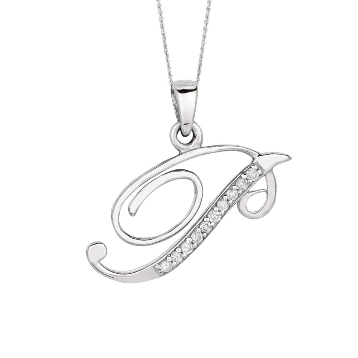 "P" Sterling Silver Rhodium Plated Script Initial Letter With Diamonds On 18 Inch Chain ( 0.05 Tcw) fine designer jewelry for men and women