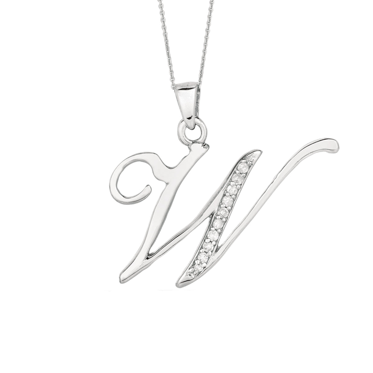 "W" Sterling Silver Rhodium Plated Script Initial Letter With Diamonds On 18 Inch Chain ( 0.05 Tcw) fine designer jewelry for men and women