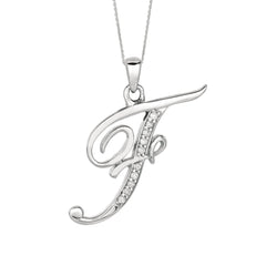 "F" Sterling Silver Rhodium Plated Script Initial Letter With Diamonds On 18 Inch Chain ( 0.05 Tcw) - JewelryAffairs