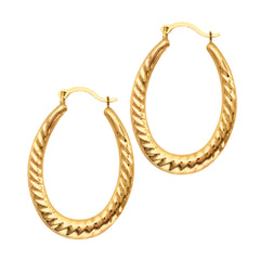 14K Yellow Gold Shiny Textured Oval Shape Hoop Earrings, Length 30mm fine designer jewelry for men and women