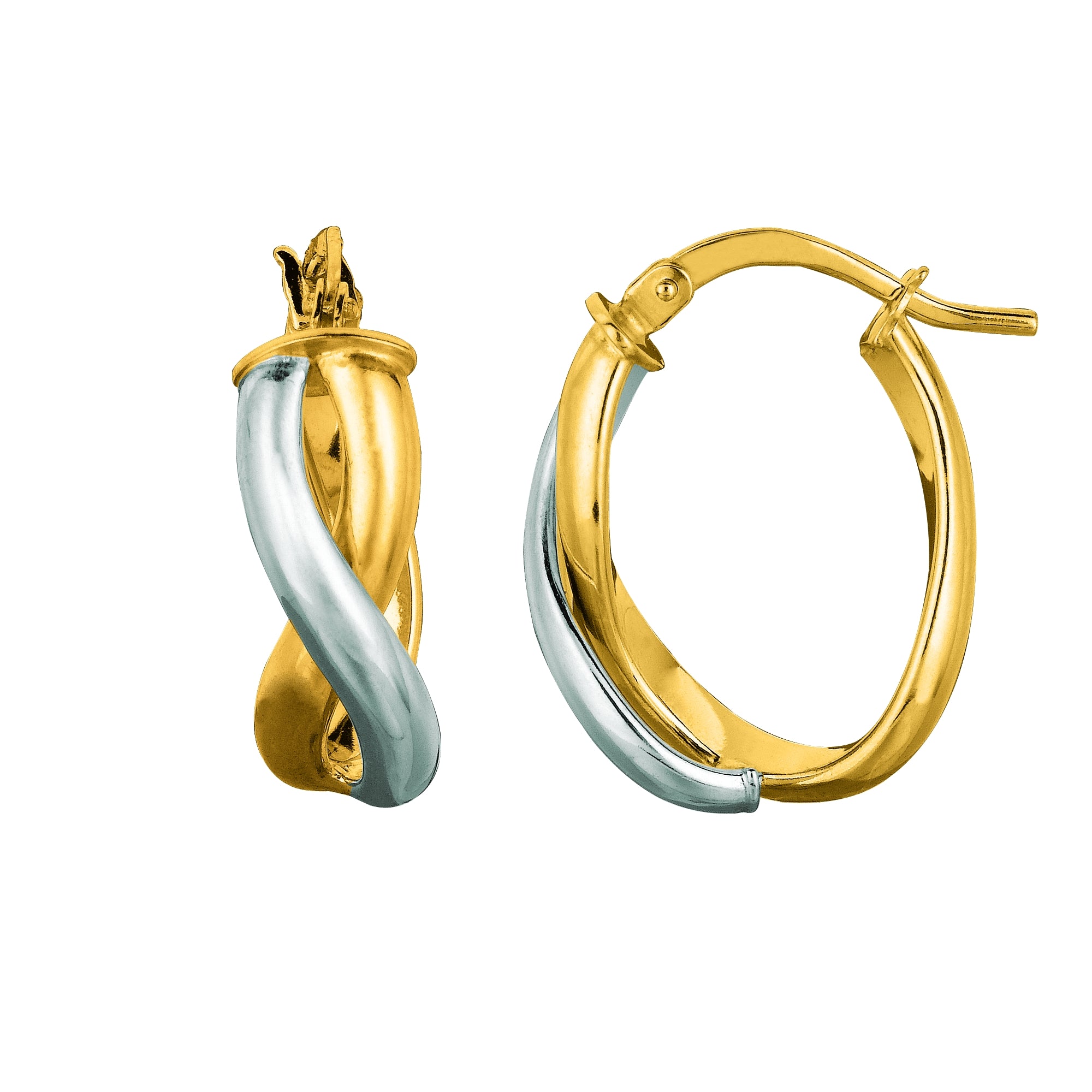 14K Yellow And White Gold Oval Shape Double Row Twisted Hoop Earrings fine designer jewelry for men and women