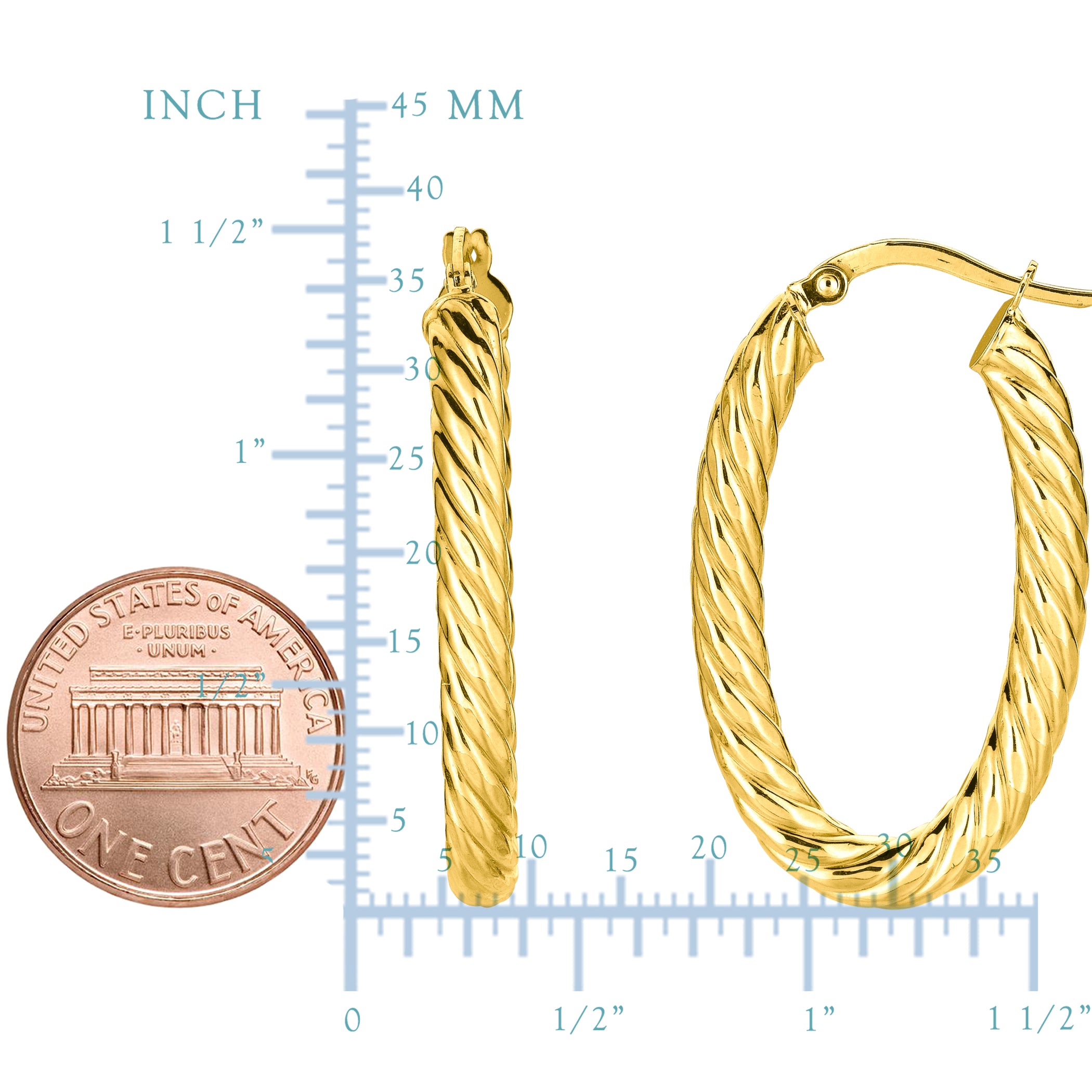 14K Yellow Gold Shiny Oval Shape Twists Hoop Earrings, Length 35mm fine designer jewelry for men and women