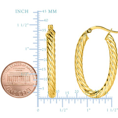 14K Yellow Gold Shiny Oval Shape Twists Hoop Earrings, Length 35mm fine designer jewelry for men and women