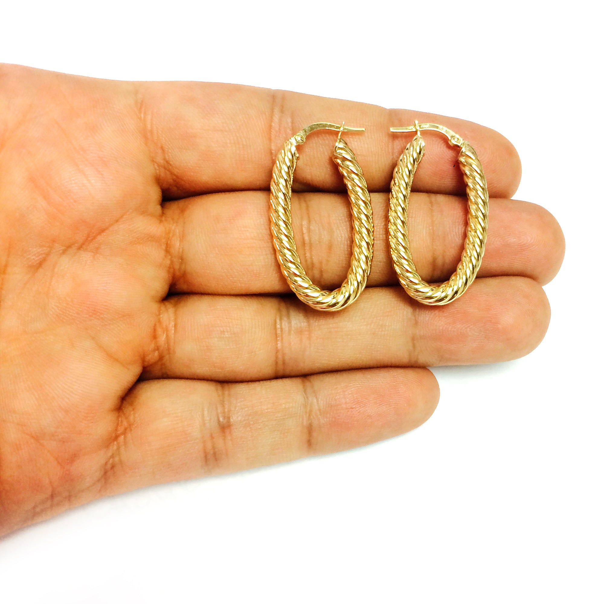 14K Yellow Gold Shiny Oval Shape Twists Hoop Earrings, Length 35mm fine designer jewelry for men and women
