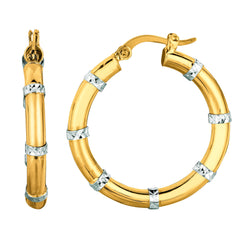 14K Yellow And White Gold Diamond Cut Fashion Sparkle Hoop Earrings, Diameter 25mm fine designer jewelry for men and women