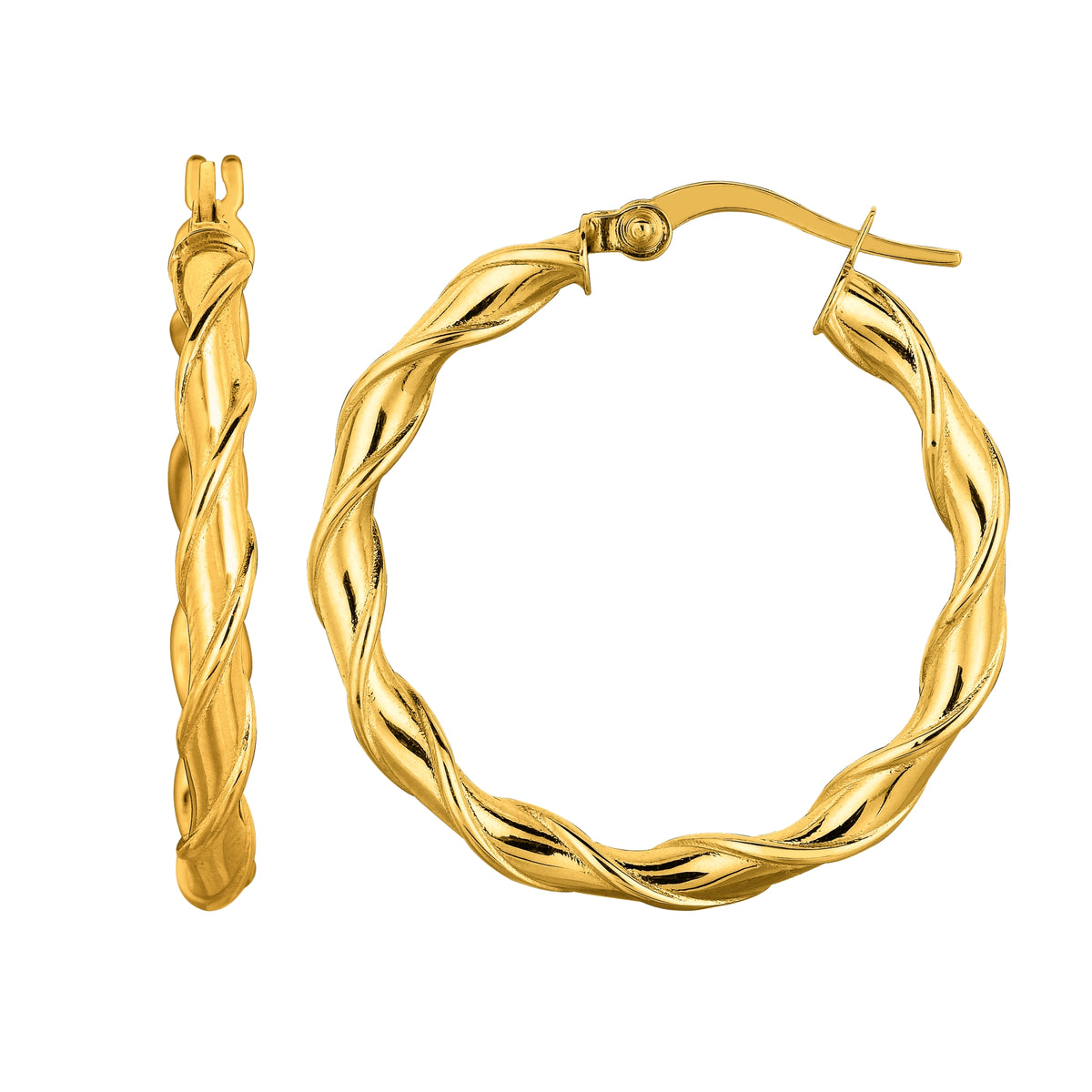 14K Yellow Gold Round Type Twisted Hoop Earrings, Diameter 28mm fine designer jewelry for men and women
