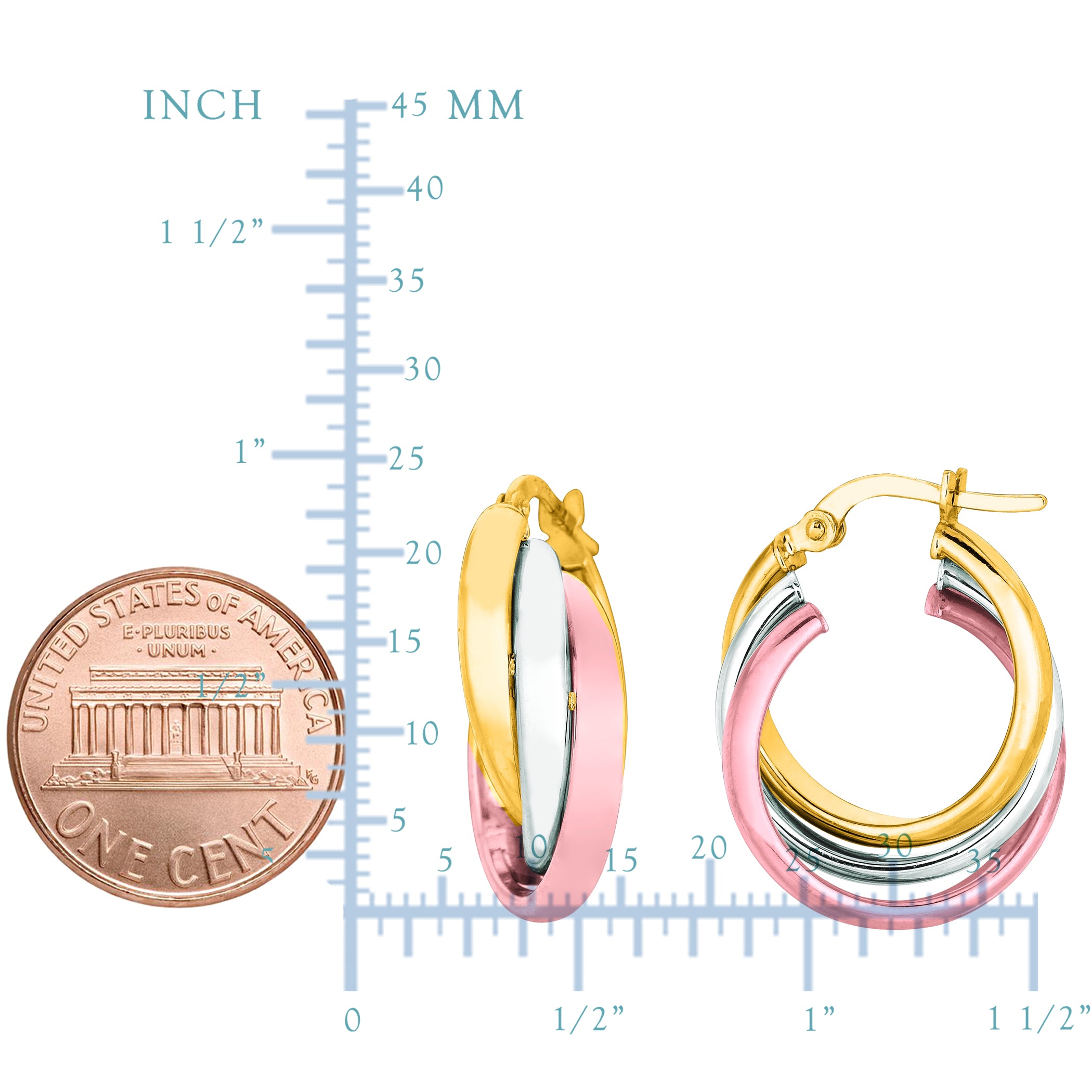 14K Yellow And White Rose Gold Triple Row Hoop Earrings fine designer jewelry for men and women