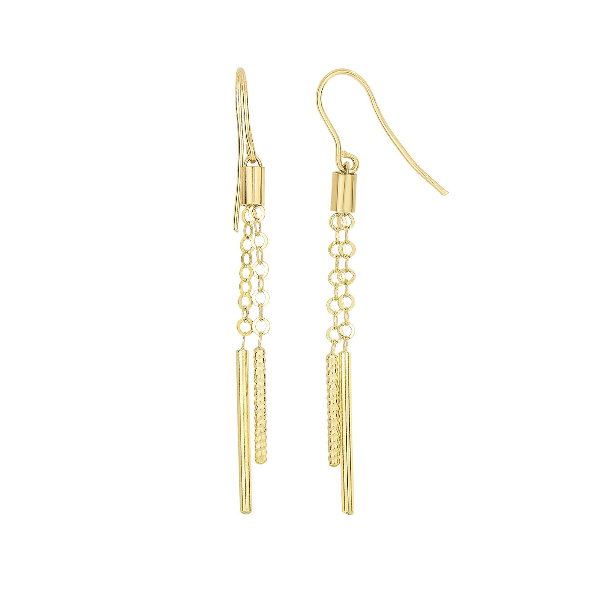 14K Yellow Gold Shiny And Diamond Cut Cylinders On Chain Drop Earrings fine designer jewelry for men and women