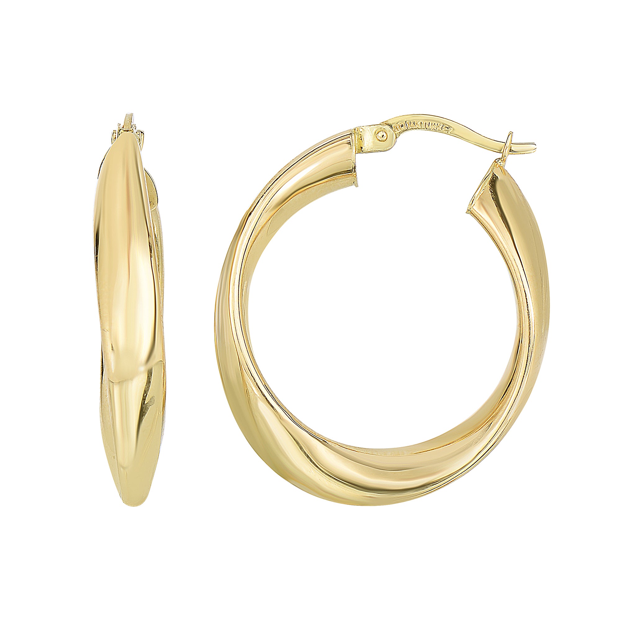14K Yellow Gold Shiny Twisted Oval Hoop Earrings, Diameter 21mm fine designer jewelry for men and women