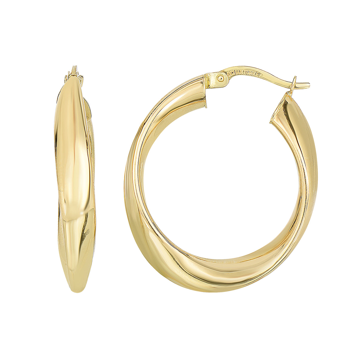 14K Yellow Gold Shiny Twisted Oval Hoop Earrings, Diameter 21mm fine designer jewelry for men and women