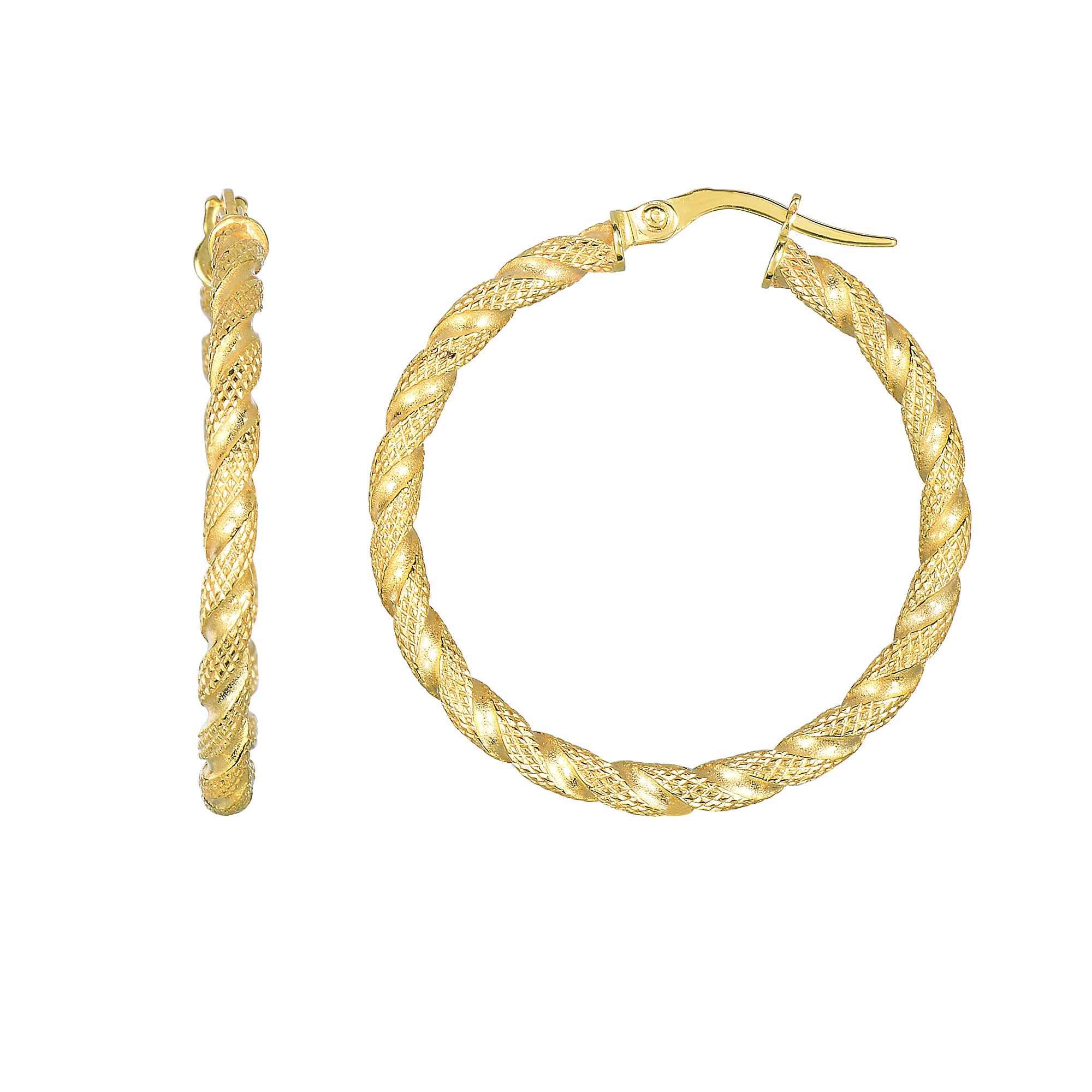 14K Yellow Gold Matt Textured Round Hoop Earrings, Diameter 30mm fine designer jewelry for men and women
