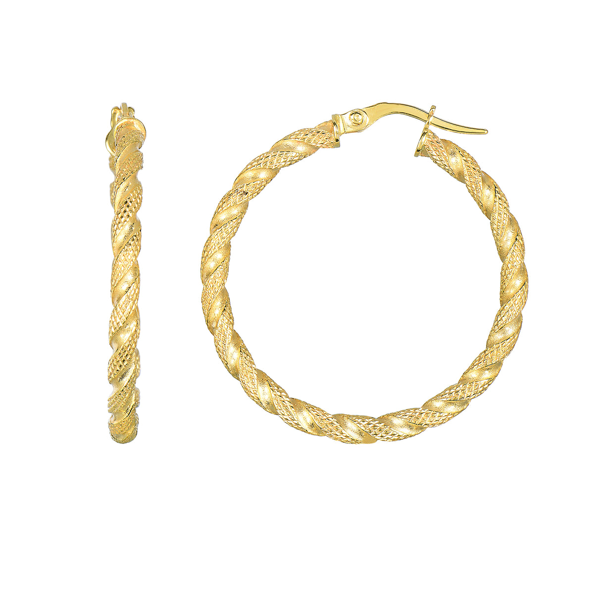 14K Yellow Gold Matt Textured Round Hoop Earrings, Diameter 30mm fine designer jewelry for men and women