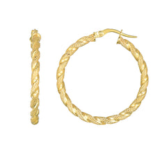 14K Yellow Gold Matt Textured Round Hoop Earrings, Diameter 30mm fine designer jewelry for men and women