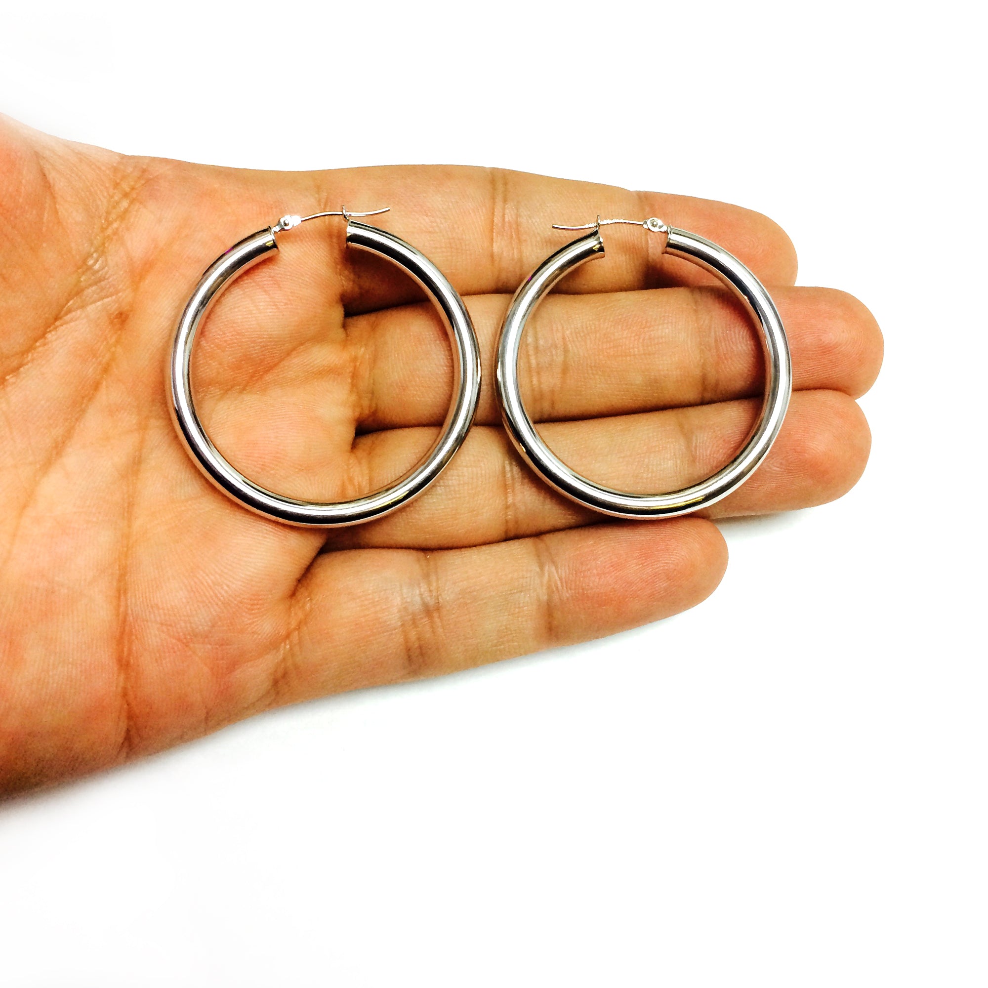14K White Gold 4MM Shiny Round Tube Hoop Earrings fine designer jewelry for men and women