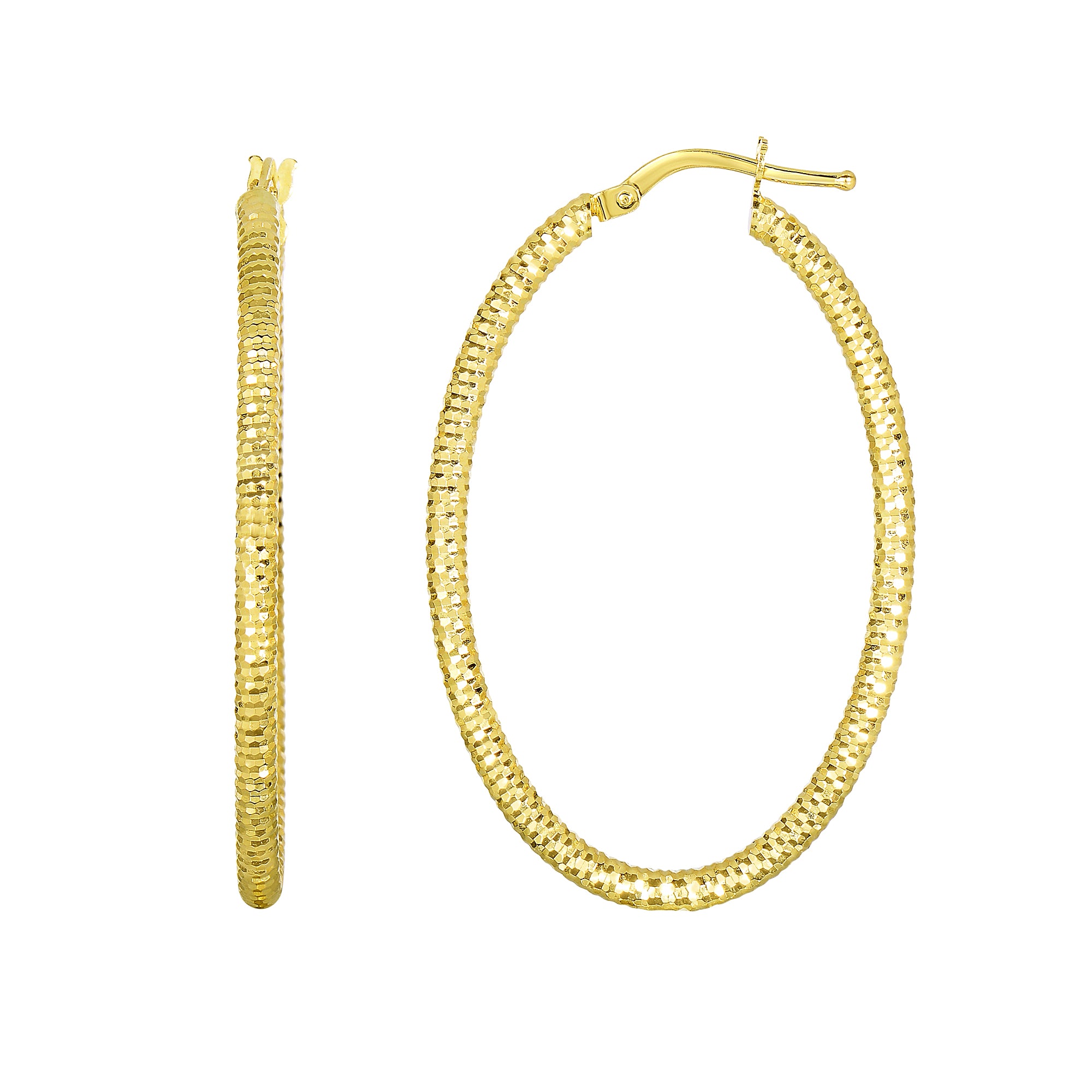 14K Yellow Gold Shiny Square Textured Oval Hoop Earrings fine designer jewelry for men and women