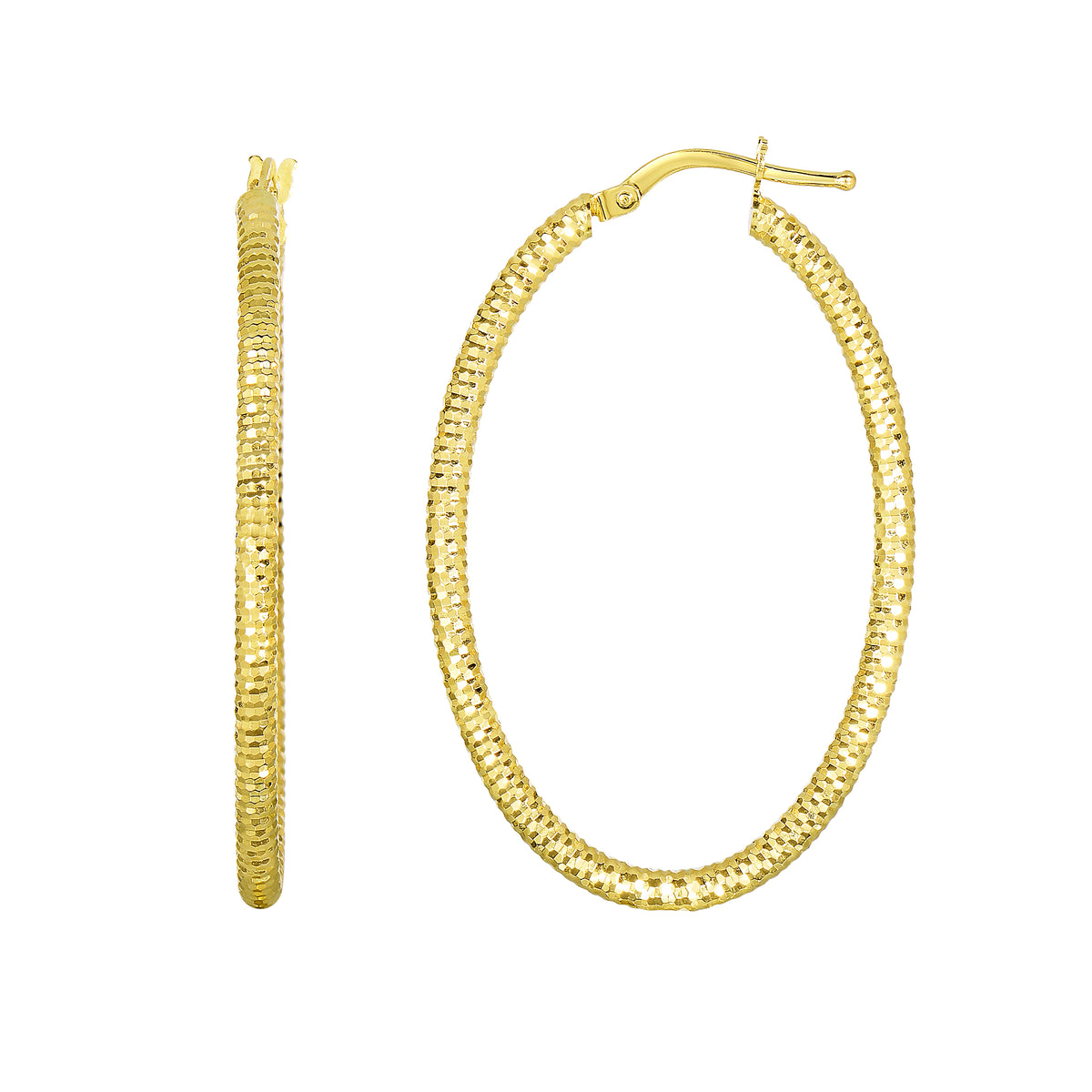14K Yellow Gold Shiny Square Textured Oval Hoop Earrings fine designer jewelry for men and women