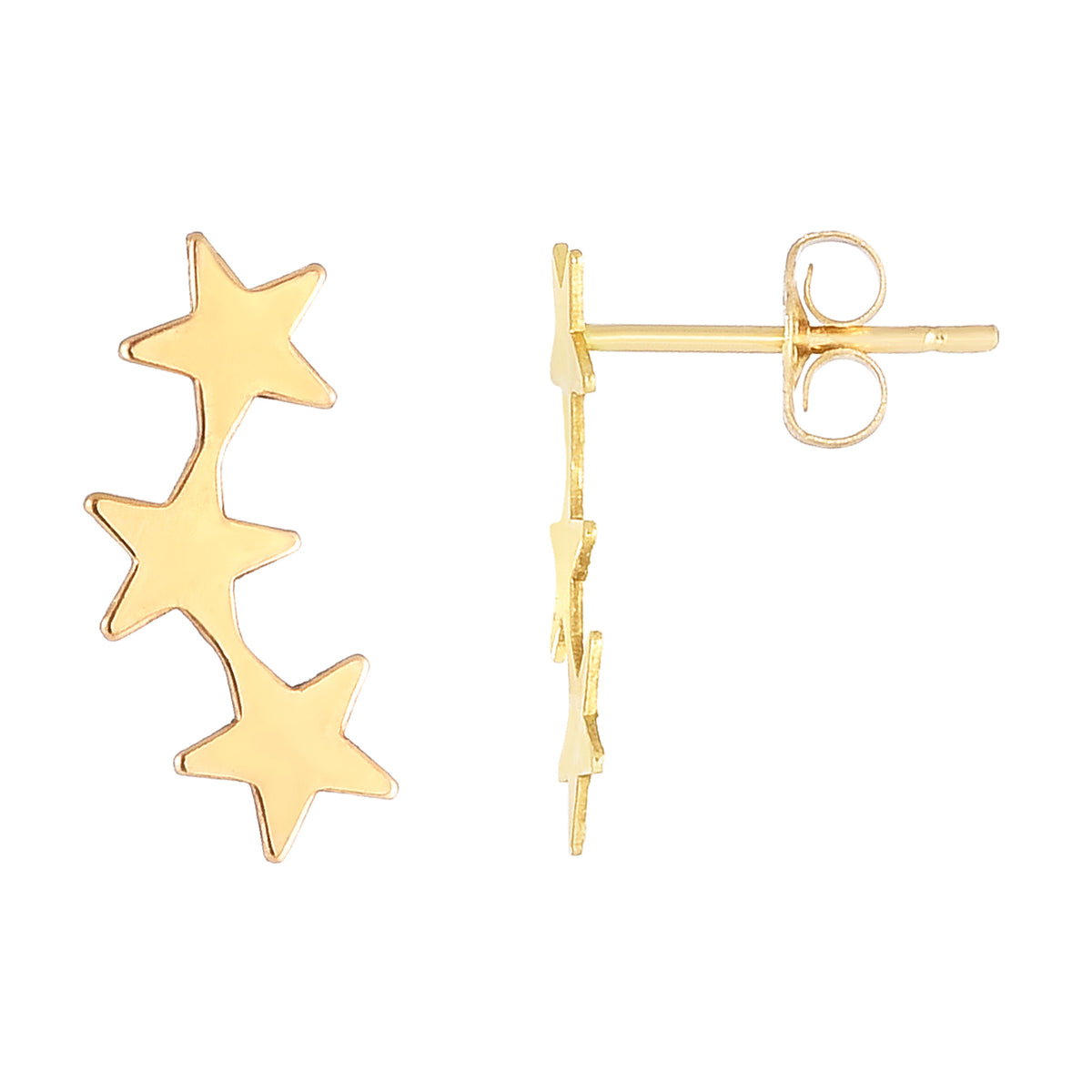 14K Yellow Gold 3 Star Climber Stud Earrings fine designer jewelry for men and women