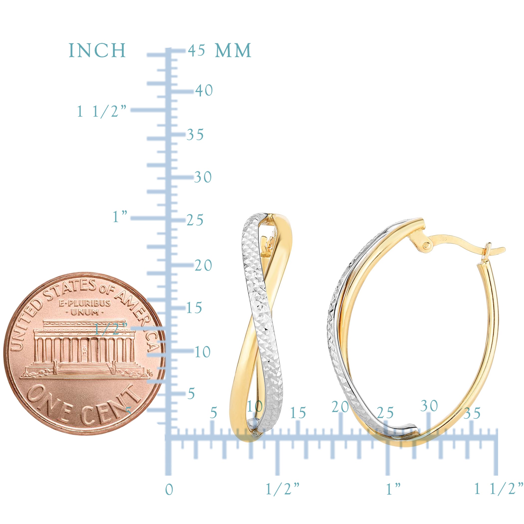 14K Yellow And White Gold Diamond Cut Two Tone Infinity Oval Hoop Earrings fine designer jewelry for men and women