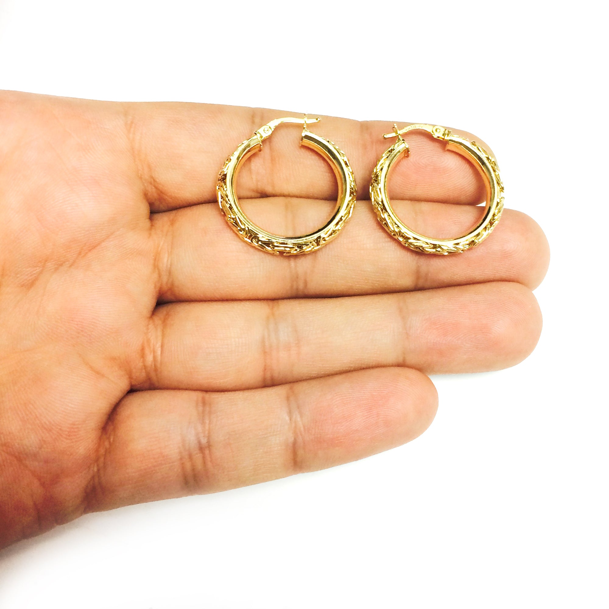14K Yellow Gold Byzantine Fancy Hoop Earrings, Diameter 20mm fine designer jewelry for men and women