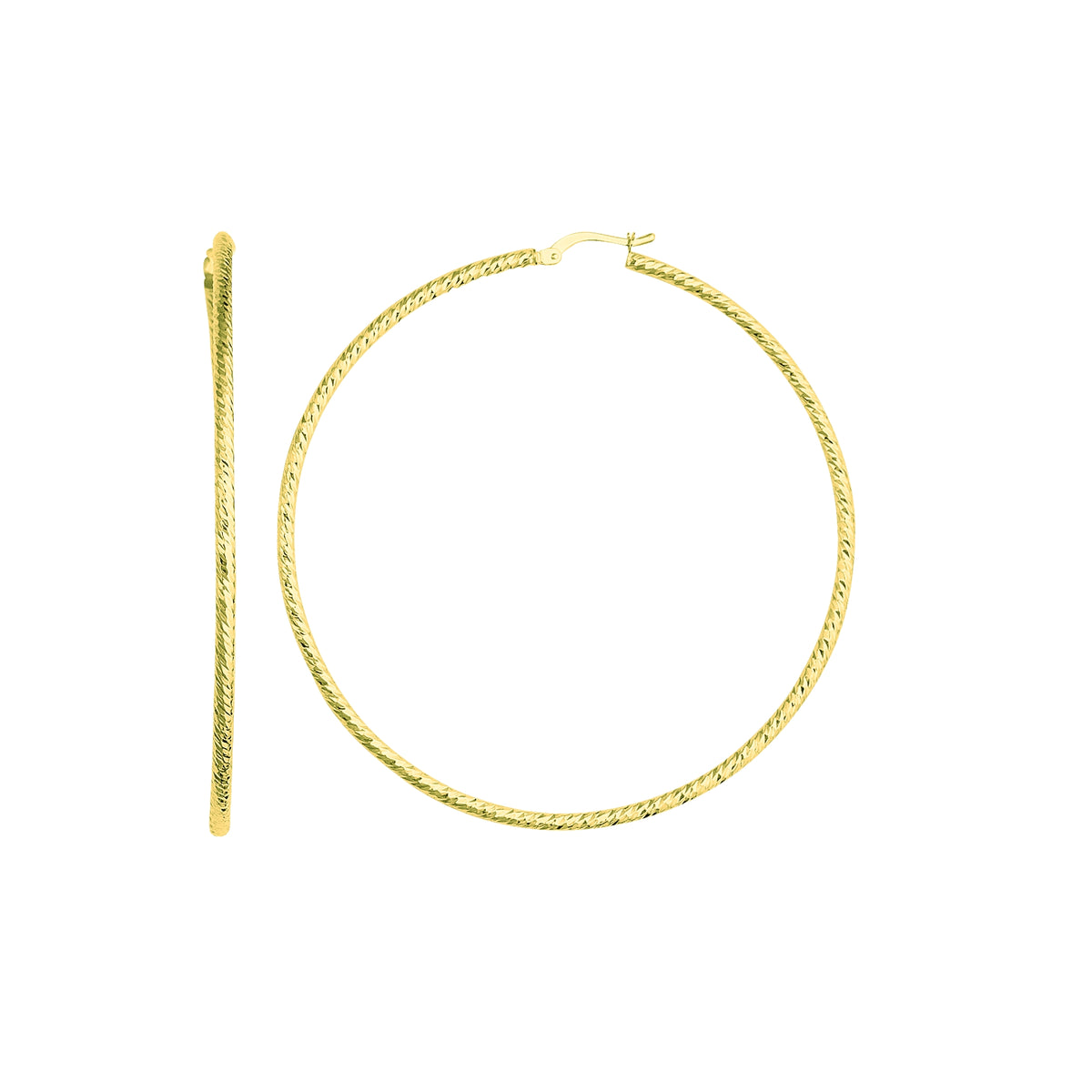 14K Yellow Gold Diamond Cut Round Design Hoop Earrings, Diameter 60mm fine designer jewelry for men and women