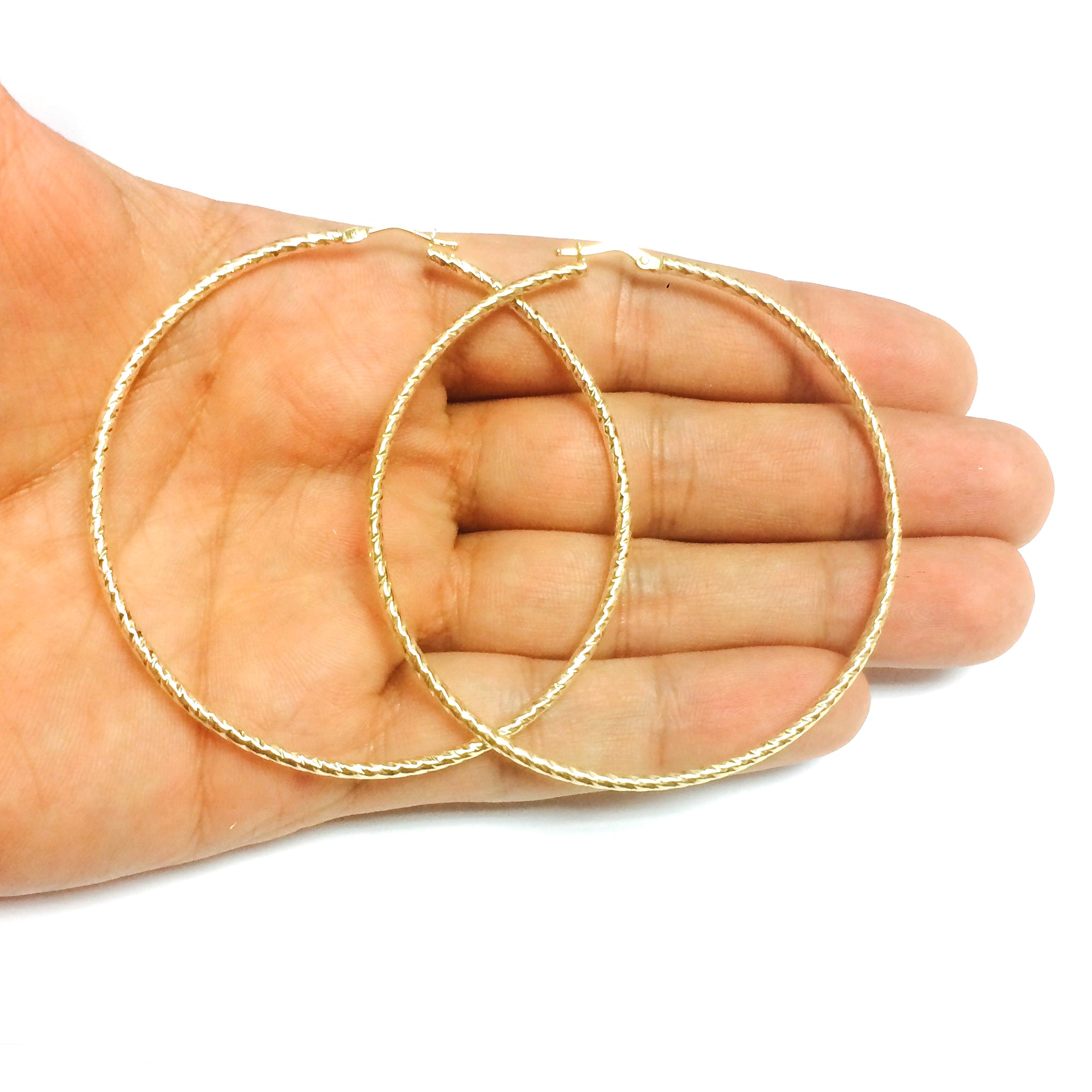 14K Yellow Gold Diamond Cut Round Design Hoop Earrings, Diameter 60mm fine designer jewelry for men and women