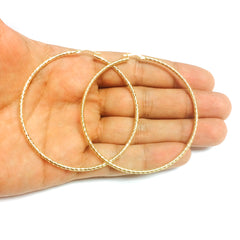 14K Yellow Gold Diamond Cut Round Design Hoop Earrings, Diameter 60mm fine designer jewelry for men and women
