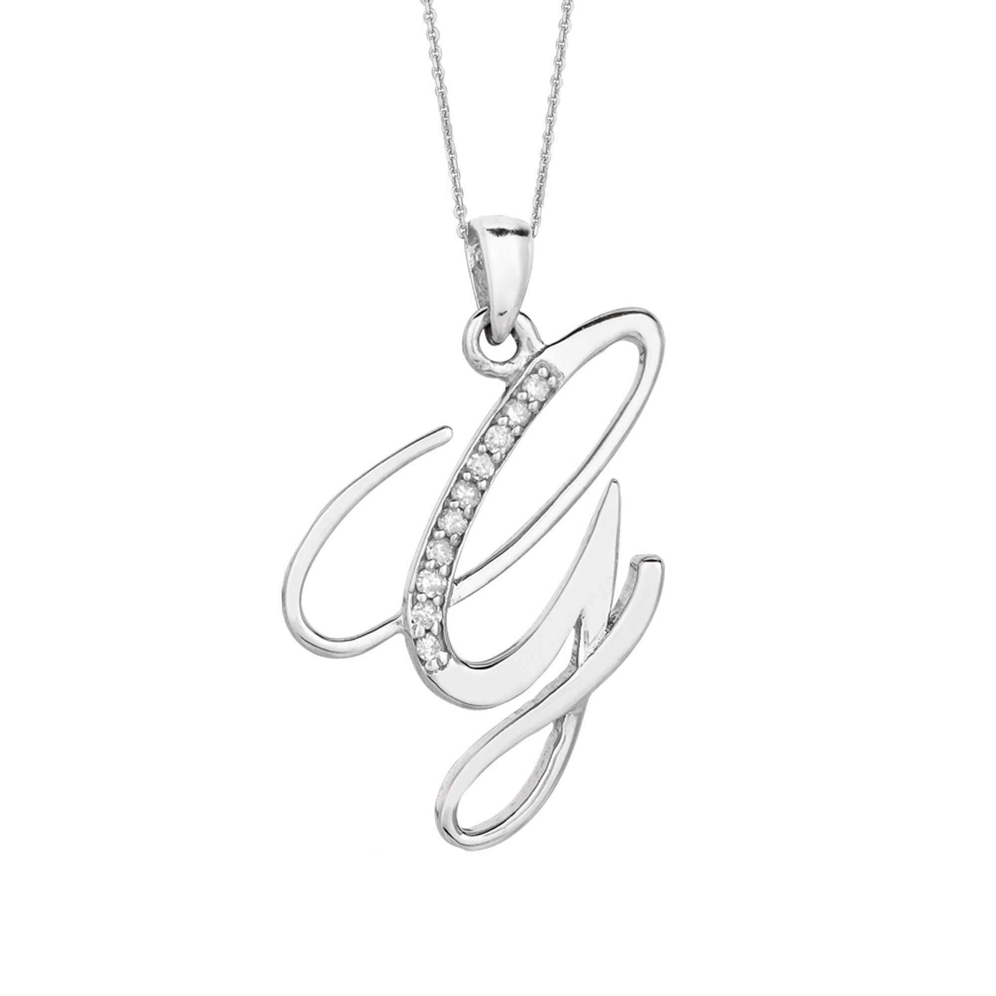 "G" Sterling Silver Rhodium Plated Script Initial Letter With Diamonds On 18 Inch Chain ( 0.05 Tcw) - JewelryAffairs