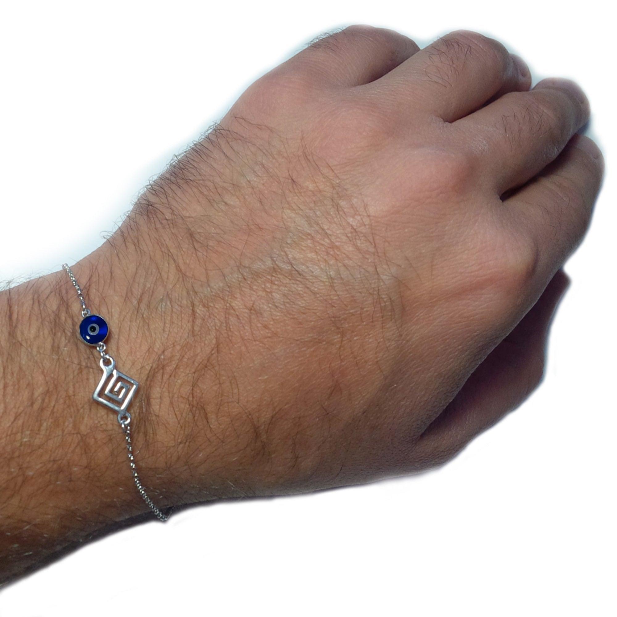 Greek Key Double Sided Evil Eye Adjustable Bracelet Sterling Silver, 7" to 8.5" - JewelryAffairs