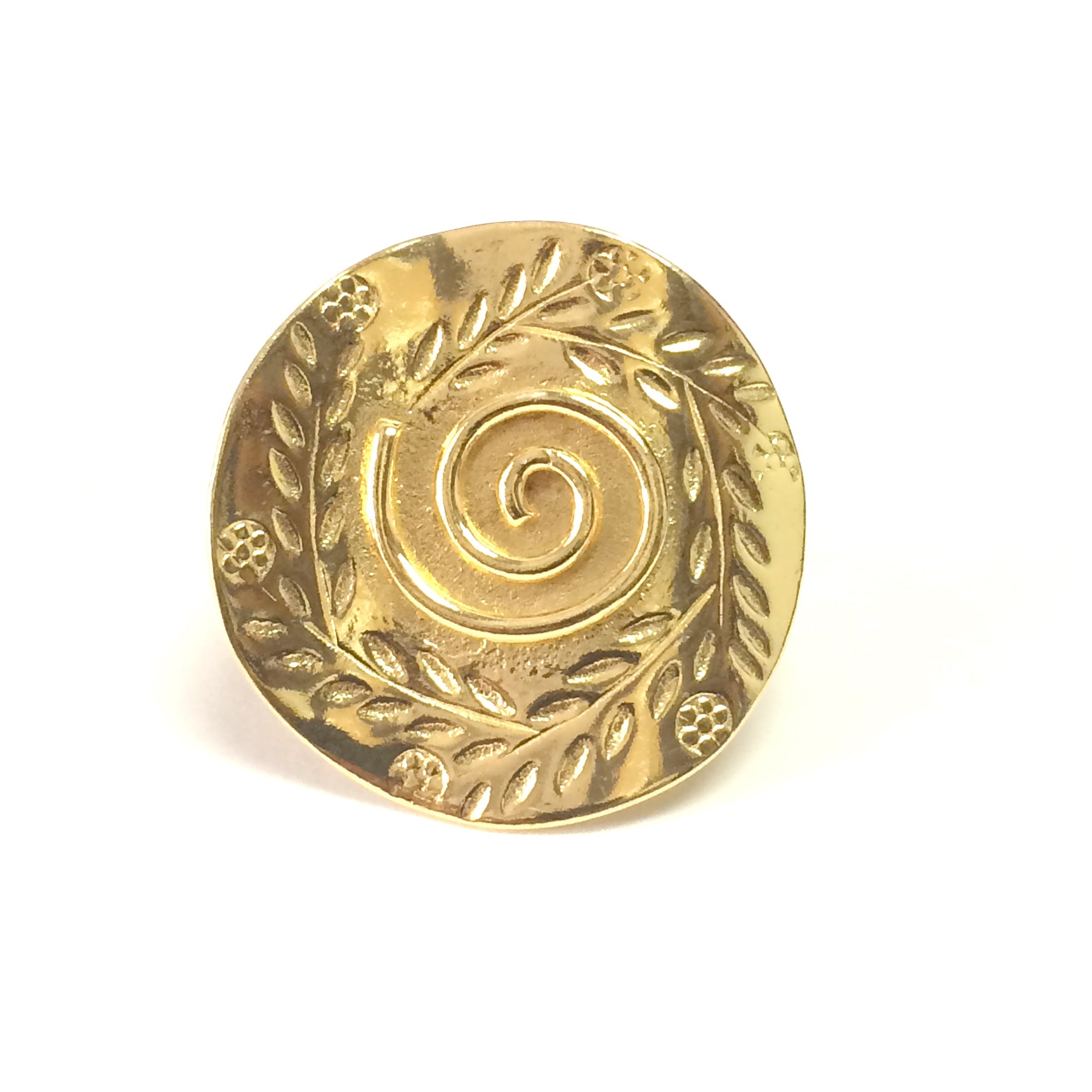 Greek Olive Leaf And Spira Disc Ring In 18k Gold Overlay Sterling Silver - JewelryAffairs