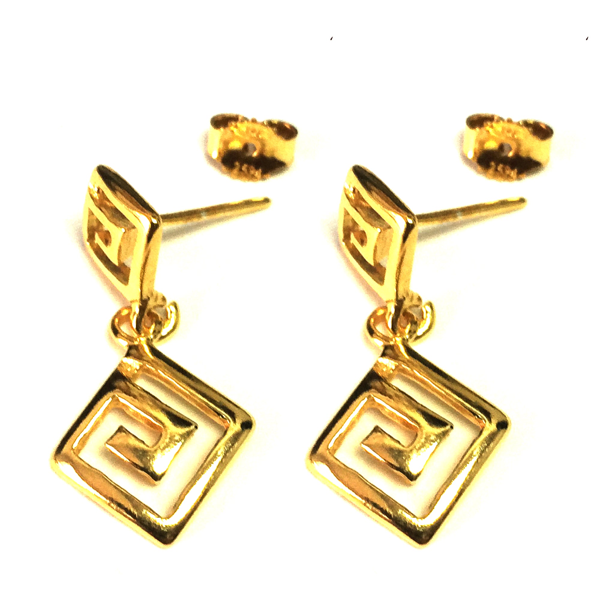 Sterling Silver 18 Karat Gold Overlay Greek Key Dangle Earrings, 12 x 27mm fine designer jewelry for men and women