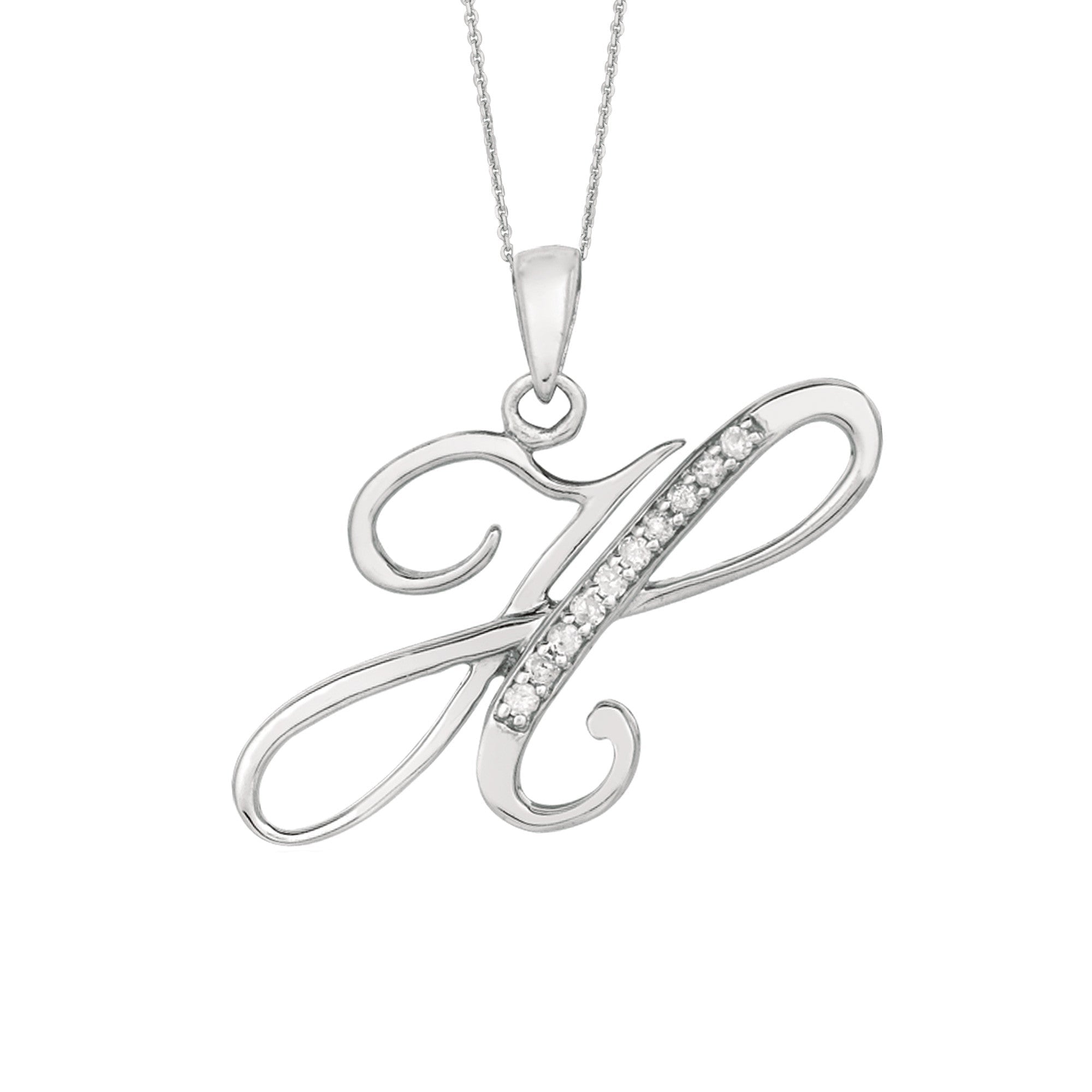 "H" Sterling Silver Rhodium Plated Script Initial Letter With Diamonds On 18 Inch Chain ( 0.05 Tcw) - JewelryAffairs