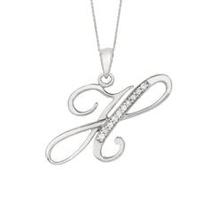 "H" Sterling Silver Rhodium Plated Script Initial Letter With Diamonds On 18 Inch Chain ( 0.05 Tcw) - JewelryAffairs