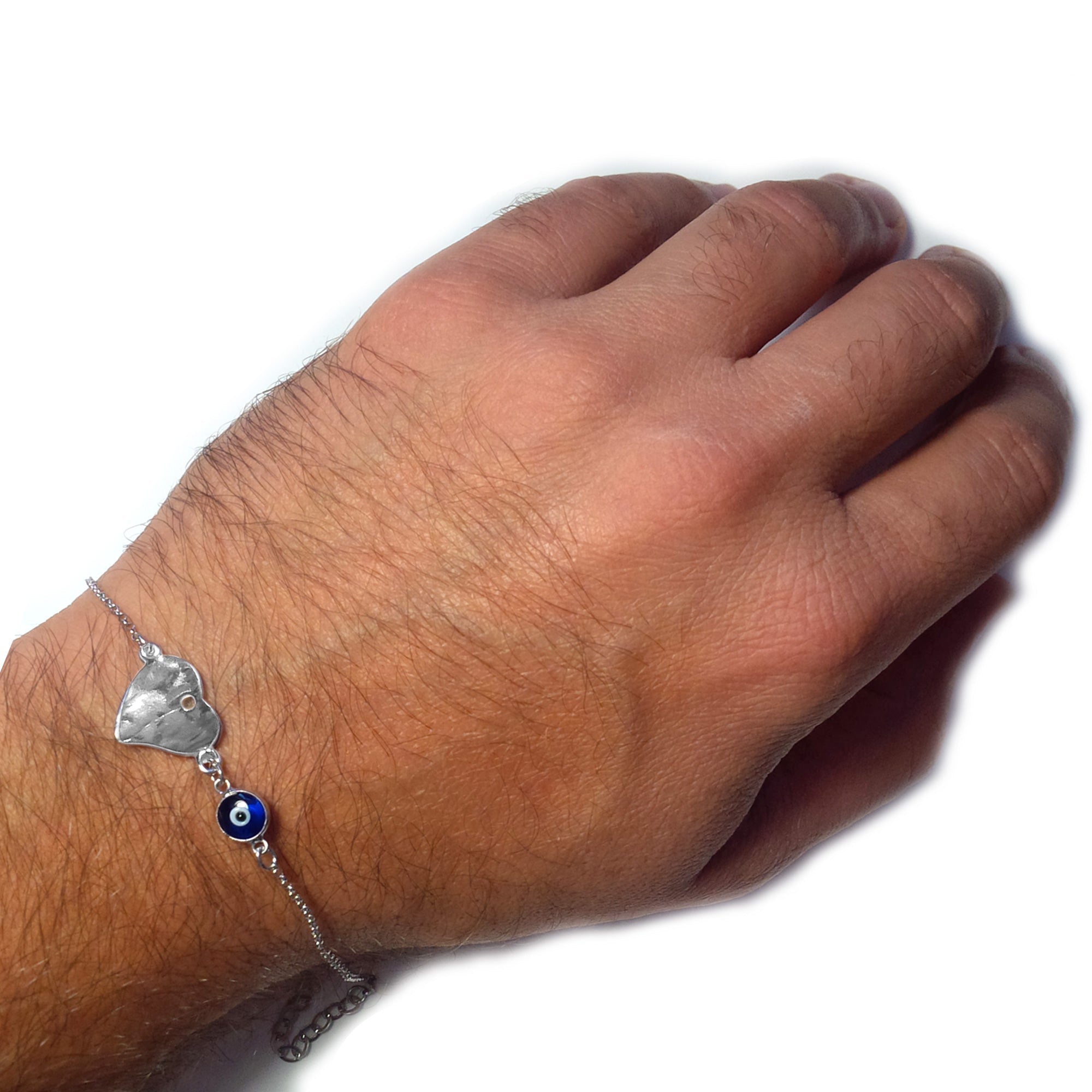 Hammered Heart Double Sided Evil Eye Adjustable Bracelet Sterling Silver, 7" to 8.5" - JewelryAffairs