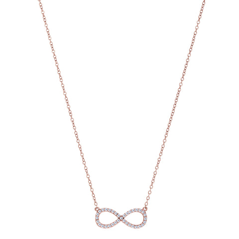 Infinity Sign Link And CZ Necklace In Rose Color Finish Sterling Silver, 18"